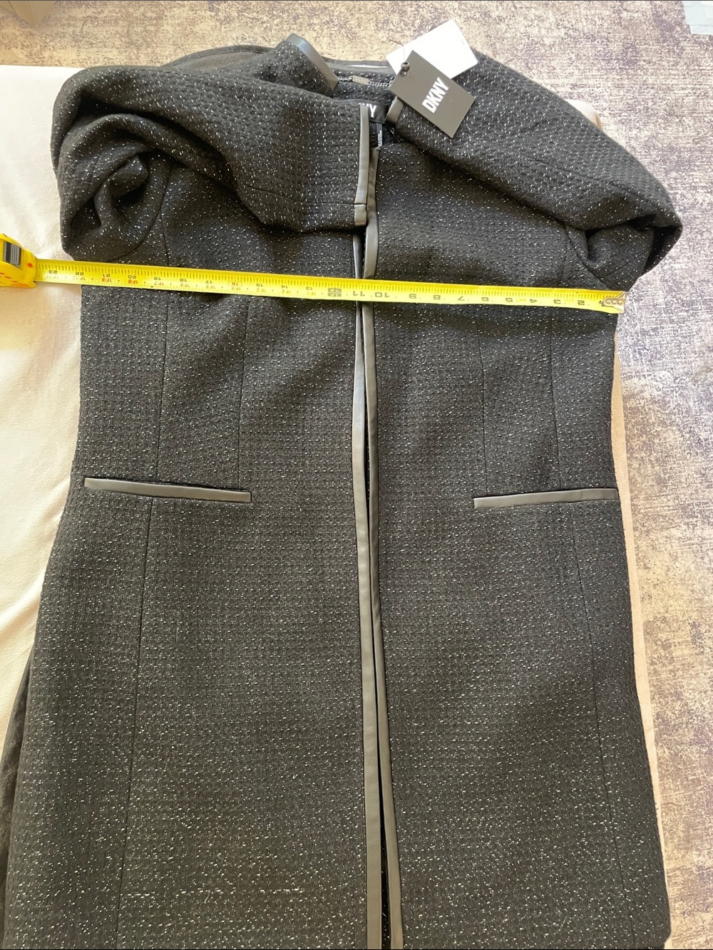 DKNY Black Tweed Collarless Blazer with Leather Trim - Picture 9 of 14